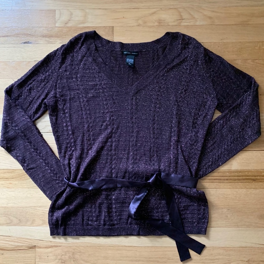 New York & Company Purple Metallic V-neck Sweater - Large